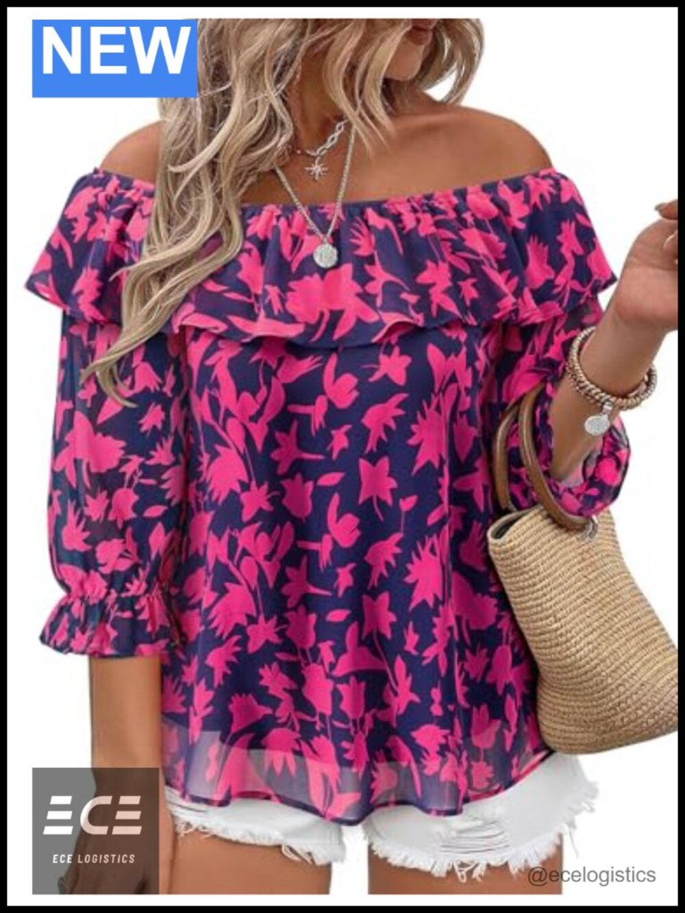 Womens Plus Size Chiffon Blouse 3/4 Sleeve Off Shoulder Tunic